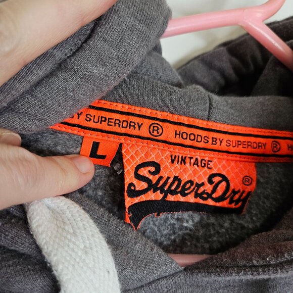Superdry Vintage Gray Hoodie Red White Logo Drawstring Hood Kangaroo Mens L - Picture 4 of 7